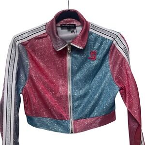 NWT Shane Justin Glitter Track Jacket Zip Up Pink Blue White Striped‎ Large L